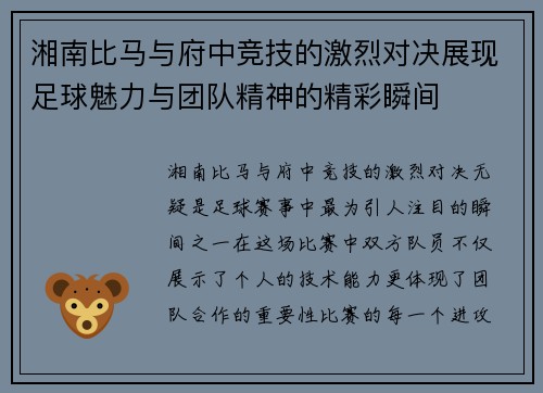 湘南比马与府中竞技的激烈对决展现足球魅力与团队精神的精彩瞬间